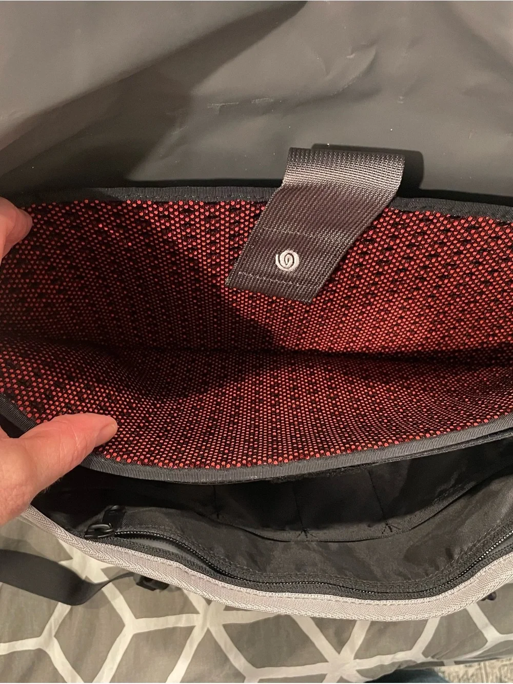 Timbuk2 Custom Men's Gray and Cream Messenger Bag with insulated cooler pouch.